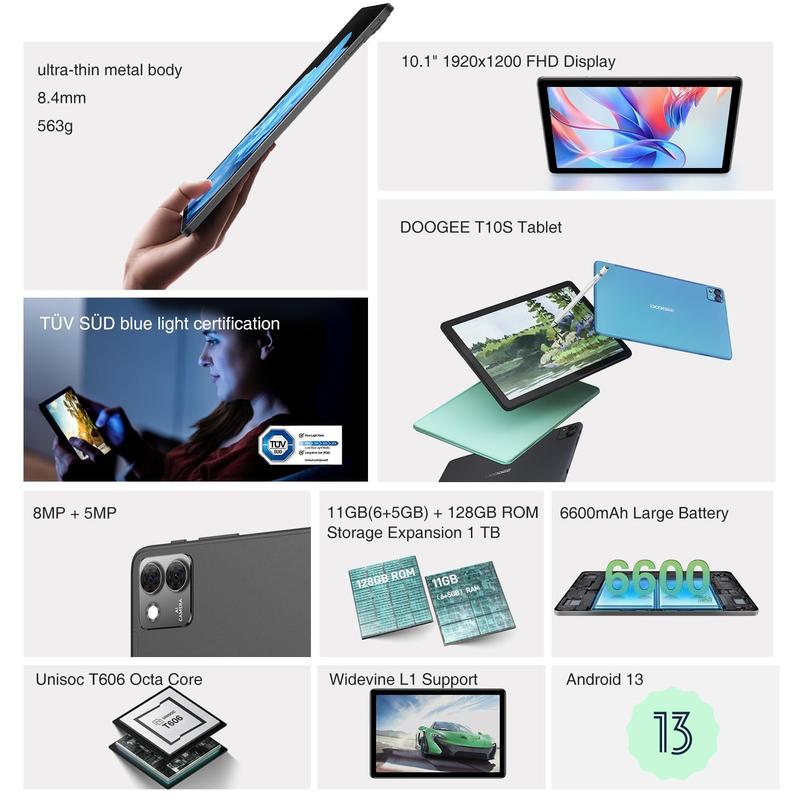 Tablet Doogee T10S - Android 13, 11GB RAM, 128GB ROM, Tela de 10.1